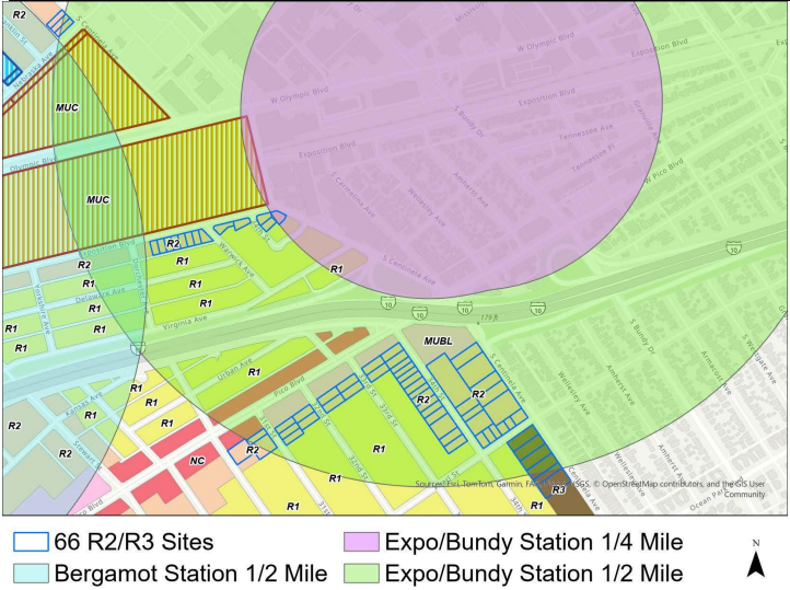 Zoning map of the Expo/Bundy area showing R-1 and R2/R3 parcels near the Gandara Park neighborhood, with quarter-mile and half-mile radii around the Expo/Bundy and Bergamot Metro stations